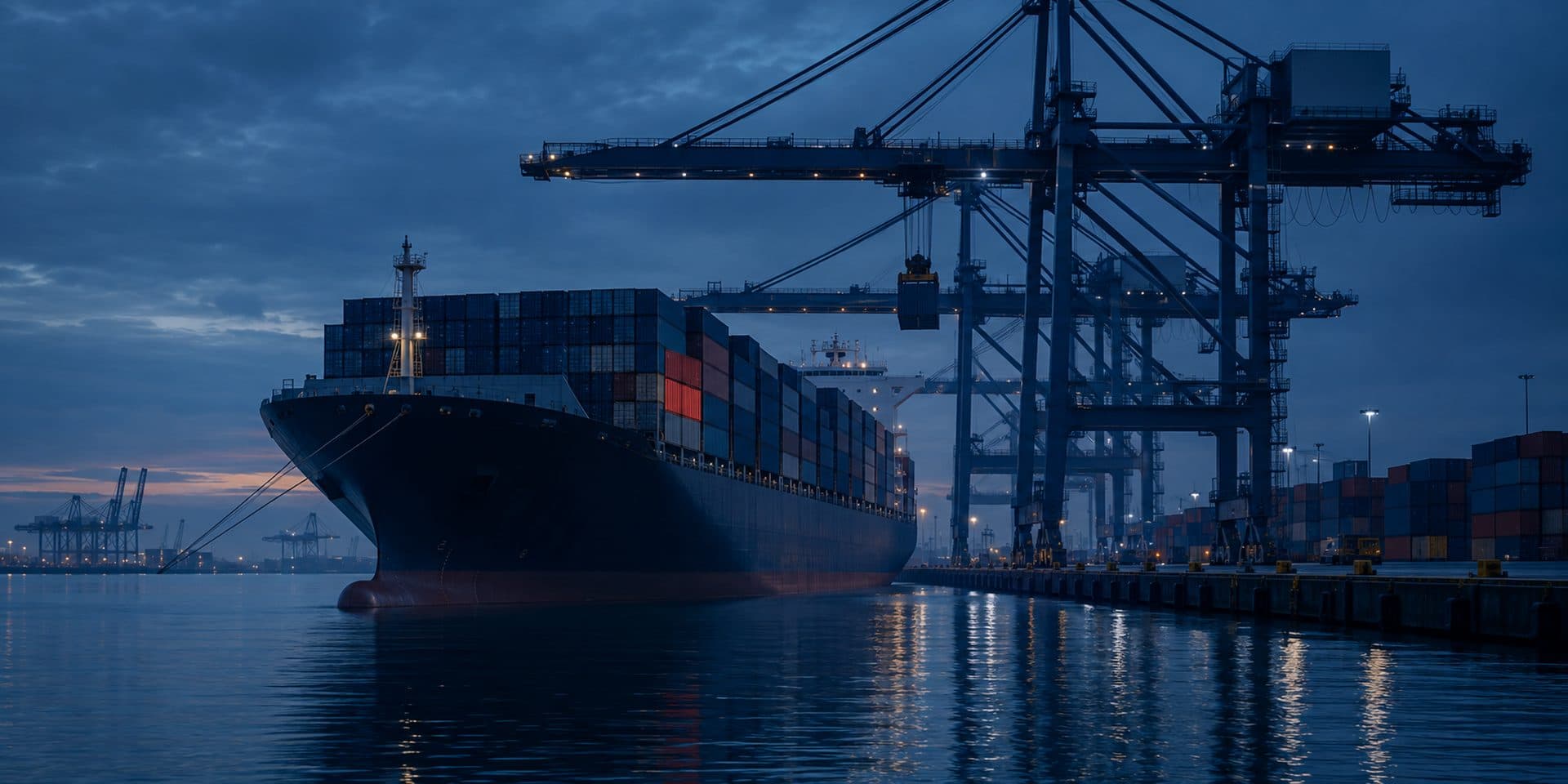 Container vessel loading containers at a deep-sea terminal at dusk