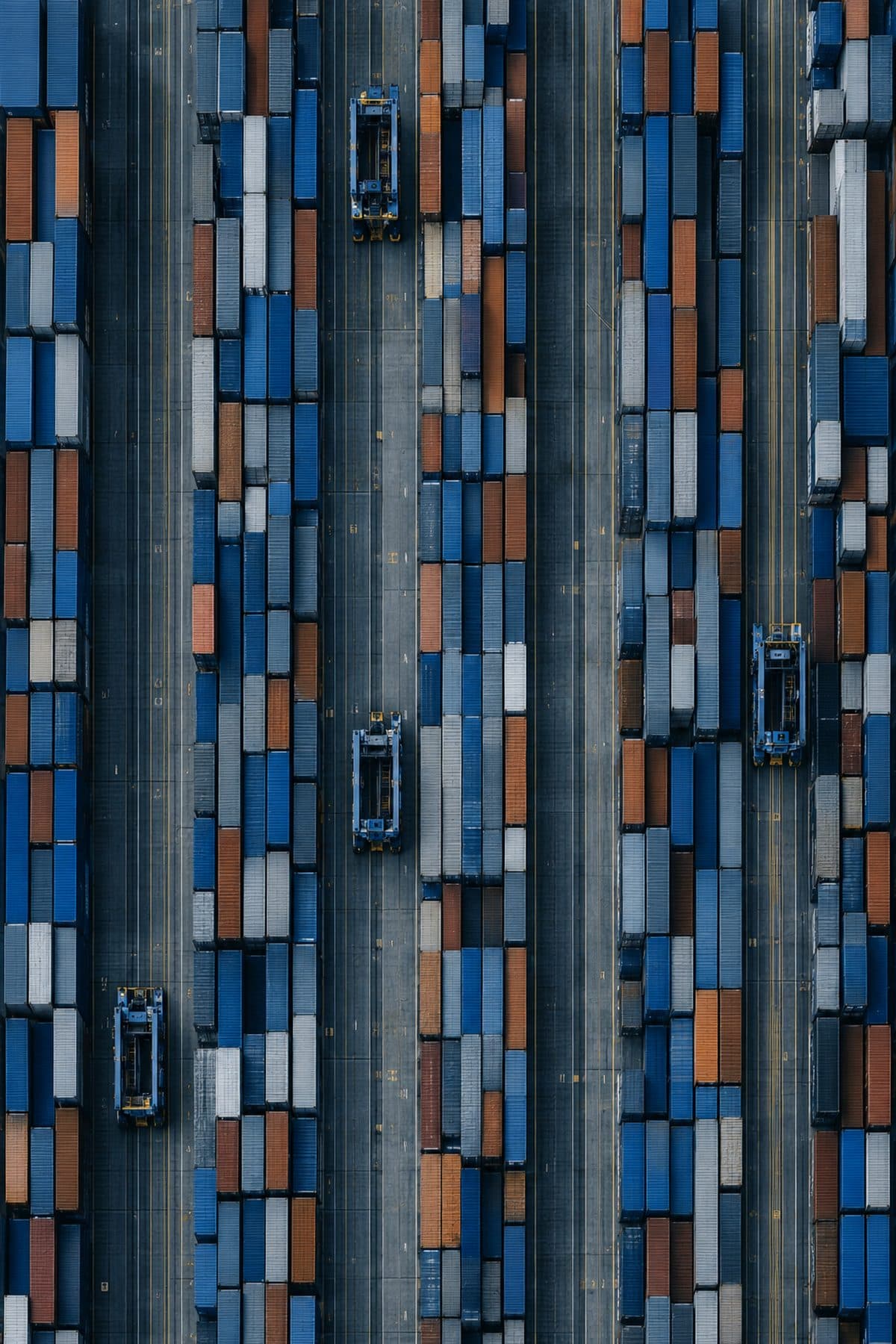 Aerial view of an organized container yard with straddle carriers between container rows